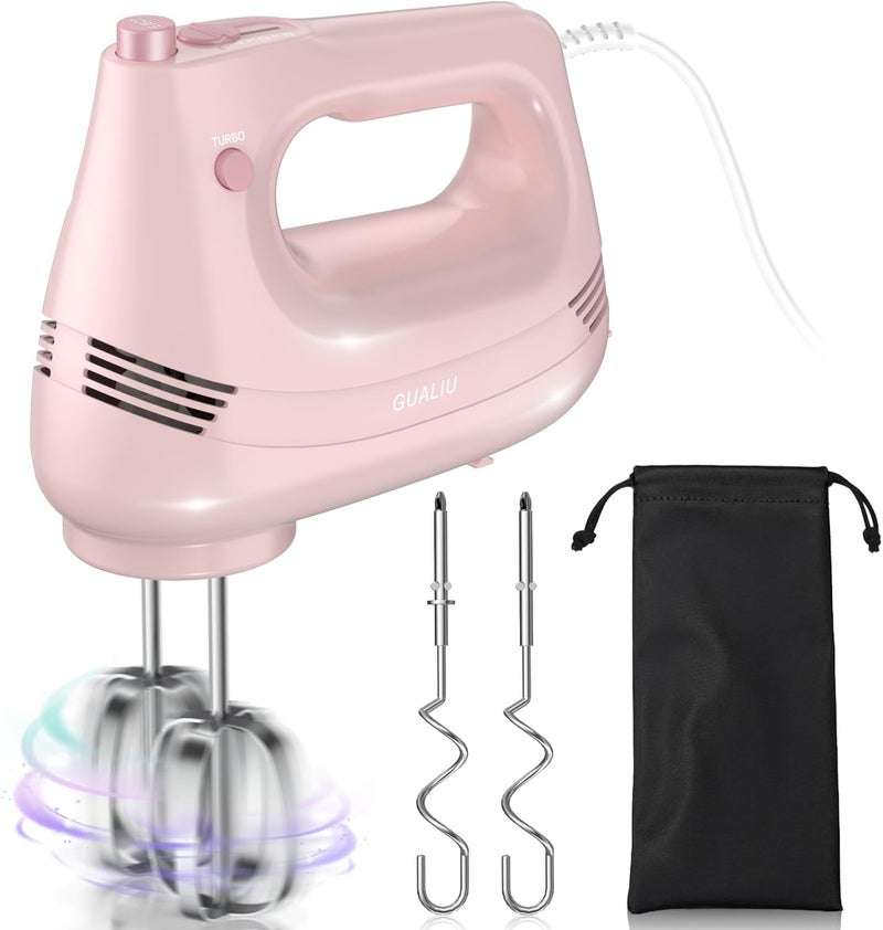 GUALIU Electric Hand Mixer with Stainless Steel Whisk, Dough Hook Attachment and Storage Bag, Handheld Mixer for Baking Cakes, Eggs, Cream Food Mixers. Turbo Boost /5 Speed Kitchen Blender PINK - Image 1